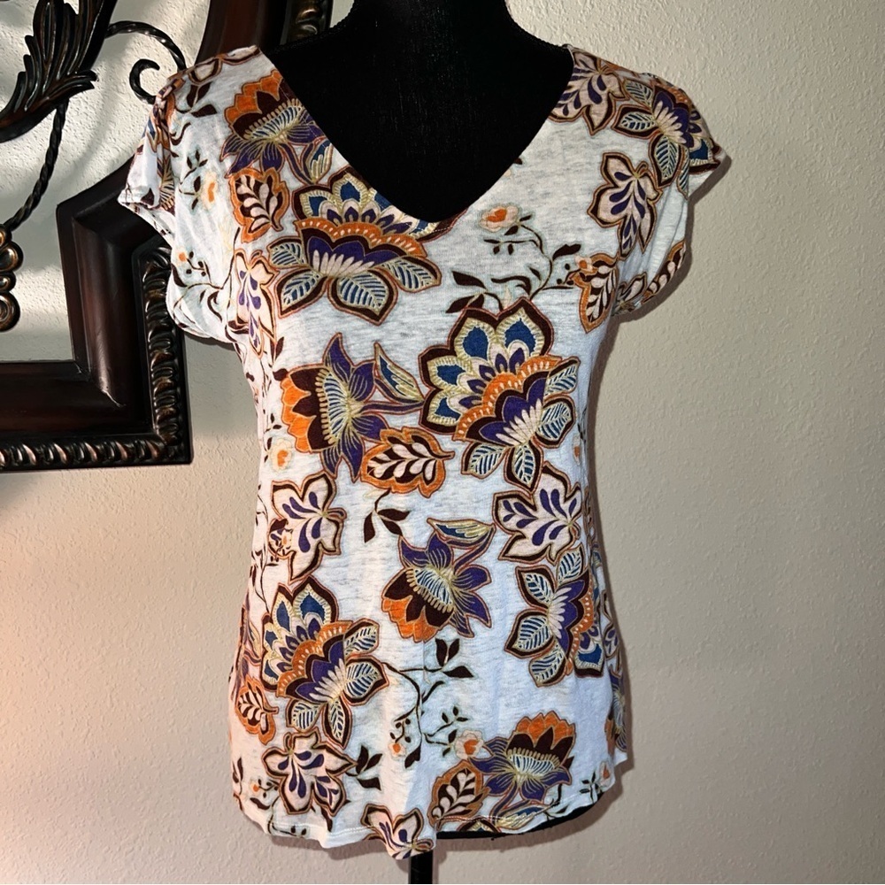 LOFT Women’s 100% Linen V-Neck Cap Sleeve Pullover Paisley Top XS